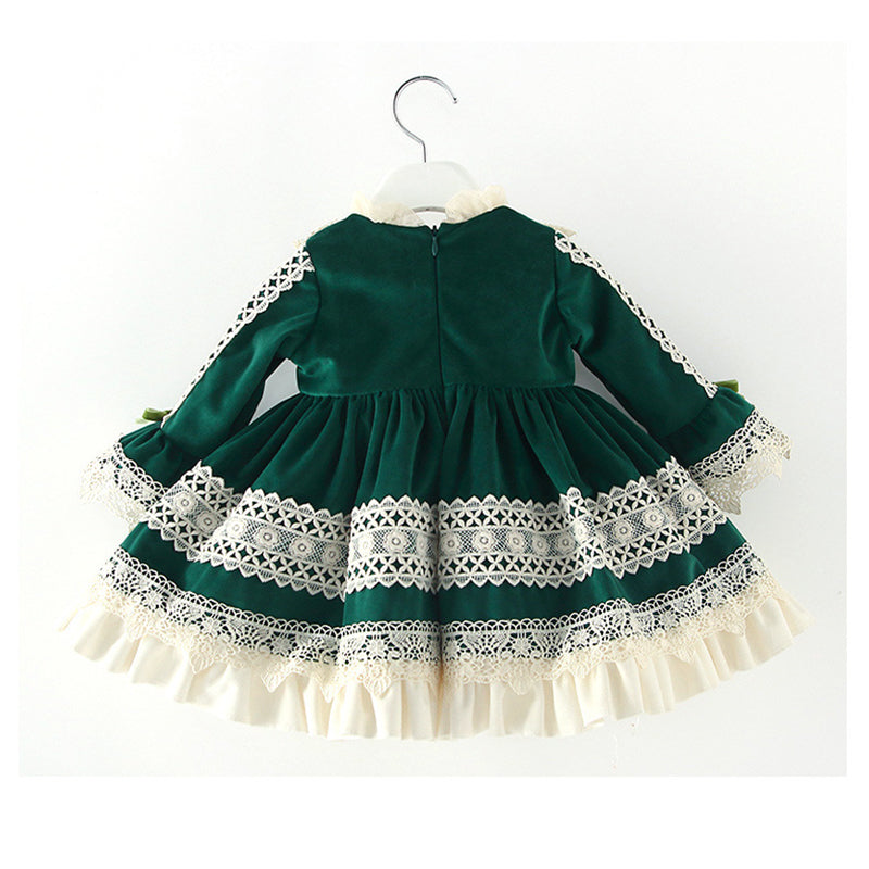 Green Princess Flower Girl Dress with Lace and Lantern Sleeves