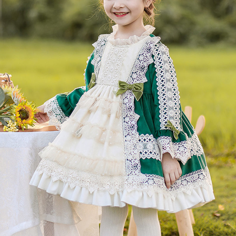 Green Princess Flower Girl Dress with Lace and Lantern Sleeves