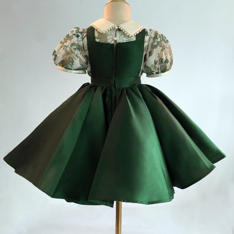 Green Princess Flower Girl Dress with Ruffles and Collar