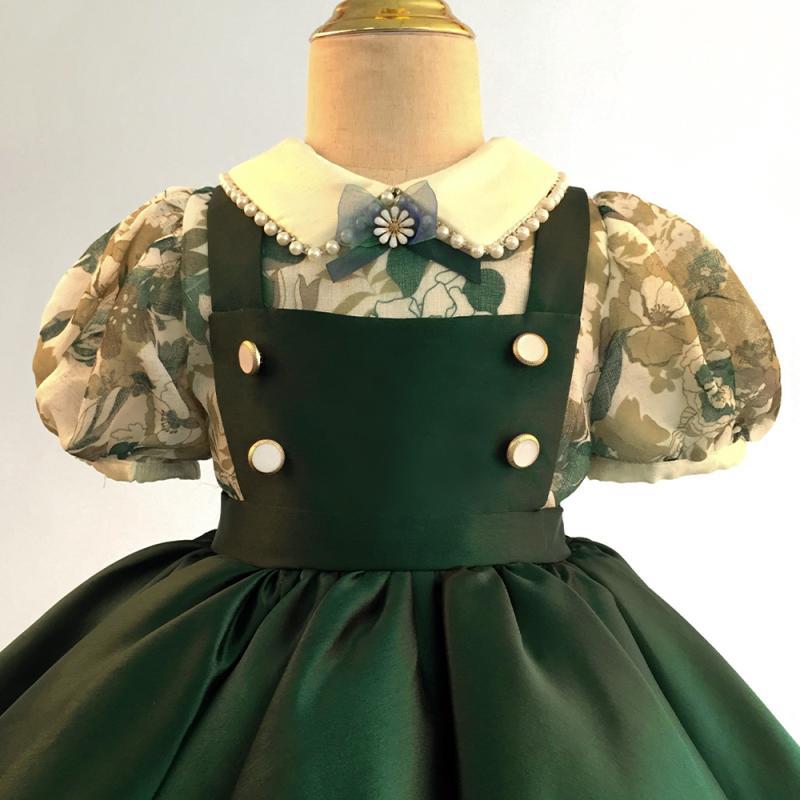 Green Princess Flower Girl Dress with Ruffles and Collar