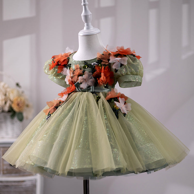 Green Princess Flower Girl Dress – Tea Length, Boat Neck, Sequined & Embroidered for Parties & Special Occasions