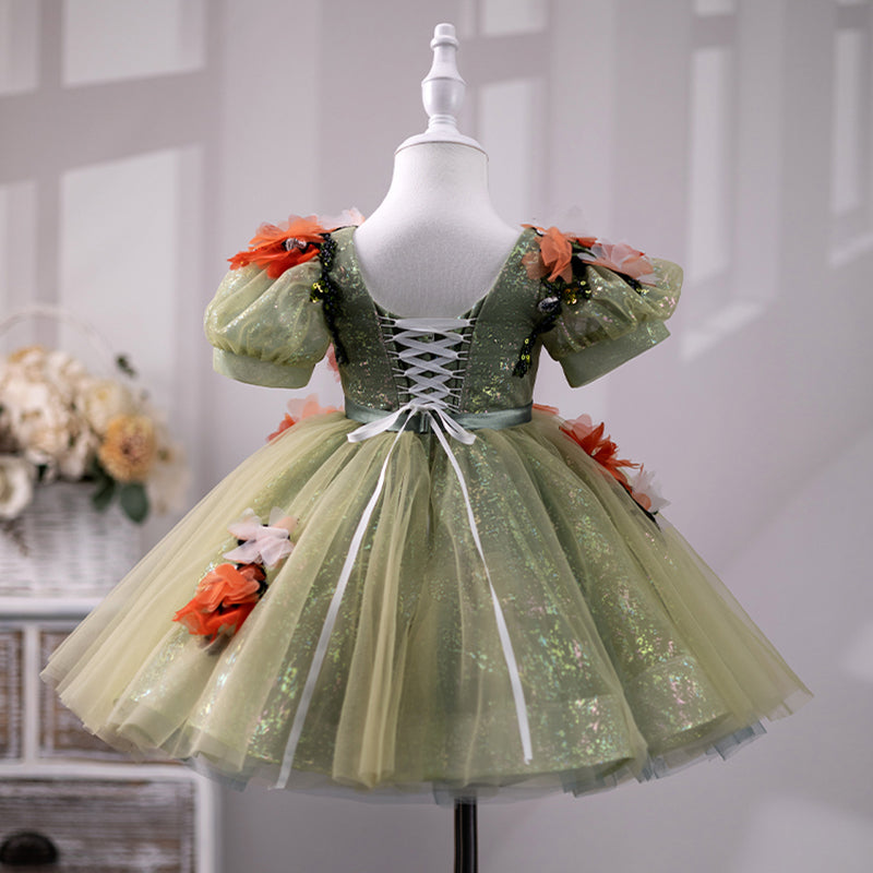 Green Princess Flower Girl Dress – Tea Length, Boat Neck, Sequined & Embroidered for Parties & Special Occasions