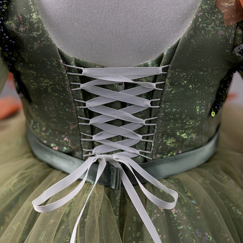 Green Princess Flower Girl Dress – Tea Length, Boat Neck, Sequined & Embroidered for Parties & Special Occasions