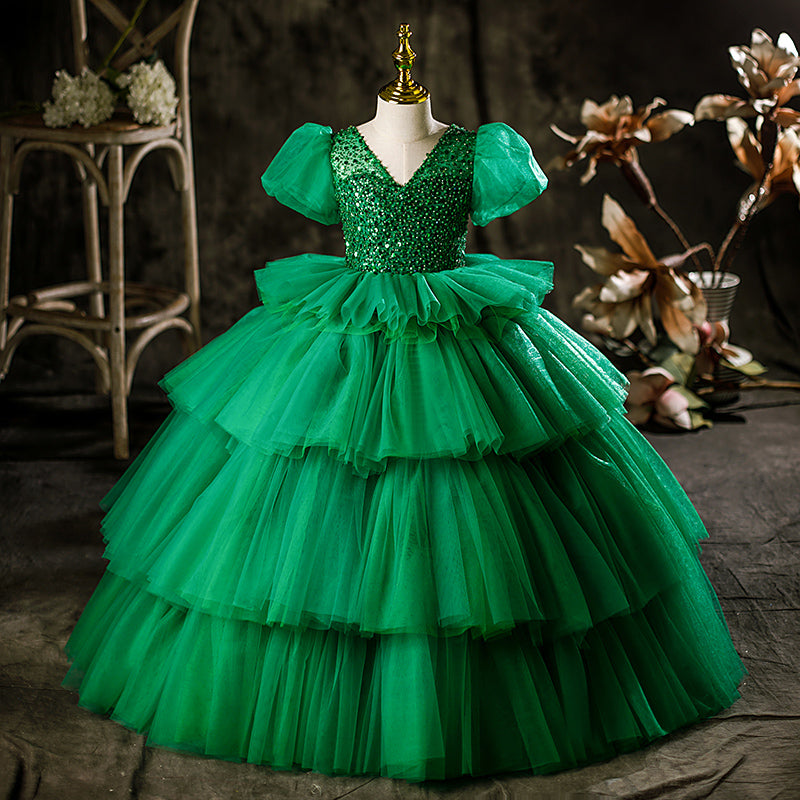 Green Princess Tulle Flower Girl Dress with Puff Sleeves