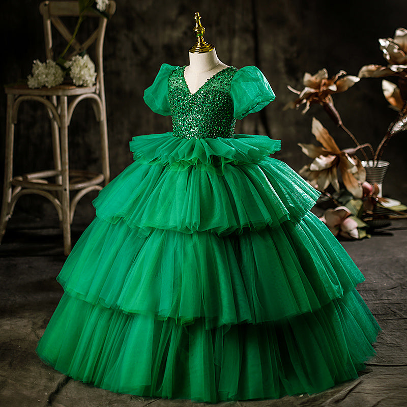 Green Princess Tulle Flower Girl Dress with Puff Sleeves