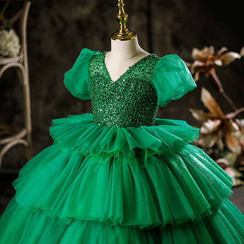 Green Princess Tulle Flower Girl Dress with Puff Sleeves