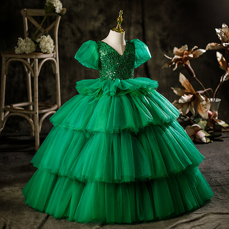 Green Princess Tulle Flower Girl Dress with Puff Sleeves