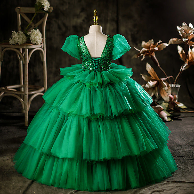 Green Princess Tulle Flower Girl Dress with Puff Sleeves