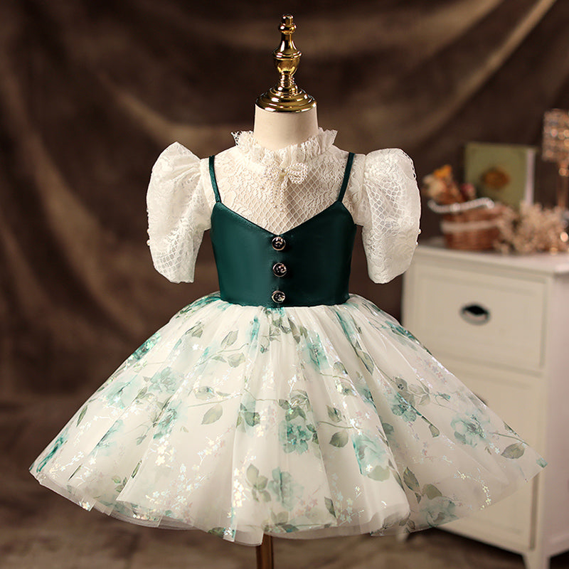 Green Satin Lace Princess Flower Girl Dress Puff Sleeve