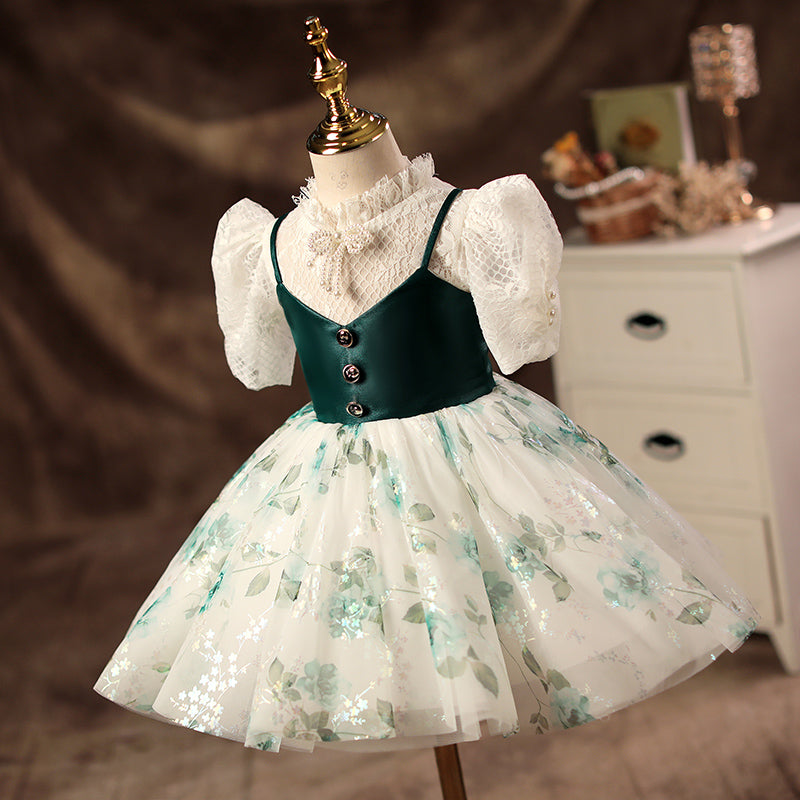 Green Satin Lace Princess Flower Girl Dress Puff Sleeve