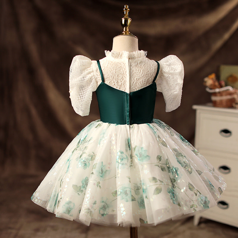 Green Satin Lace Princess Flower Girl Dress Puff Sleeve