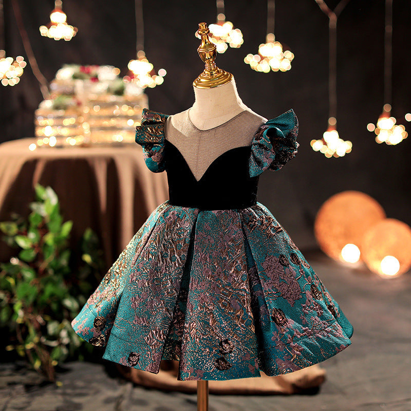 Green Satin Princess Flower Girl Dress with Beaded Ruffles