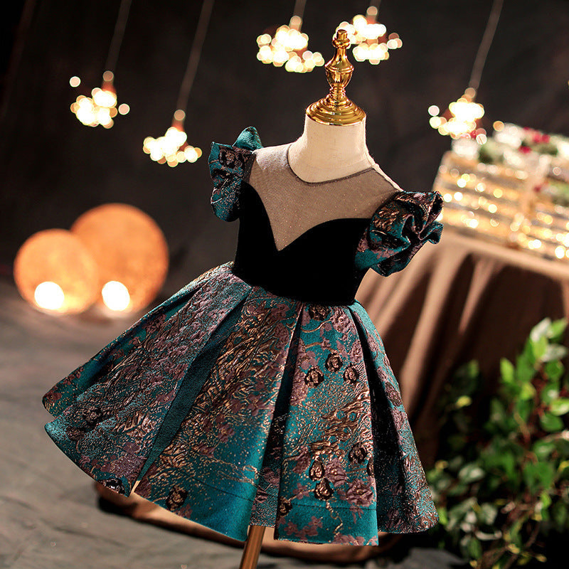 Green Satin Princess Flower Girl Dress with Beaded Ruffles
