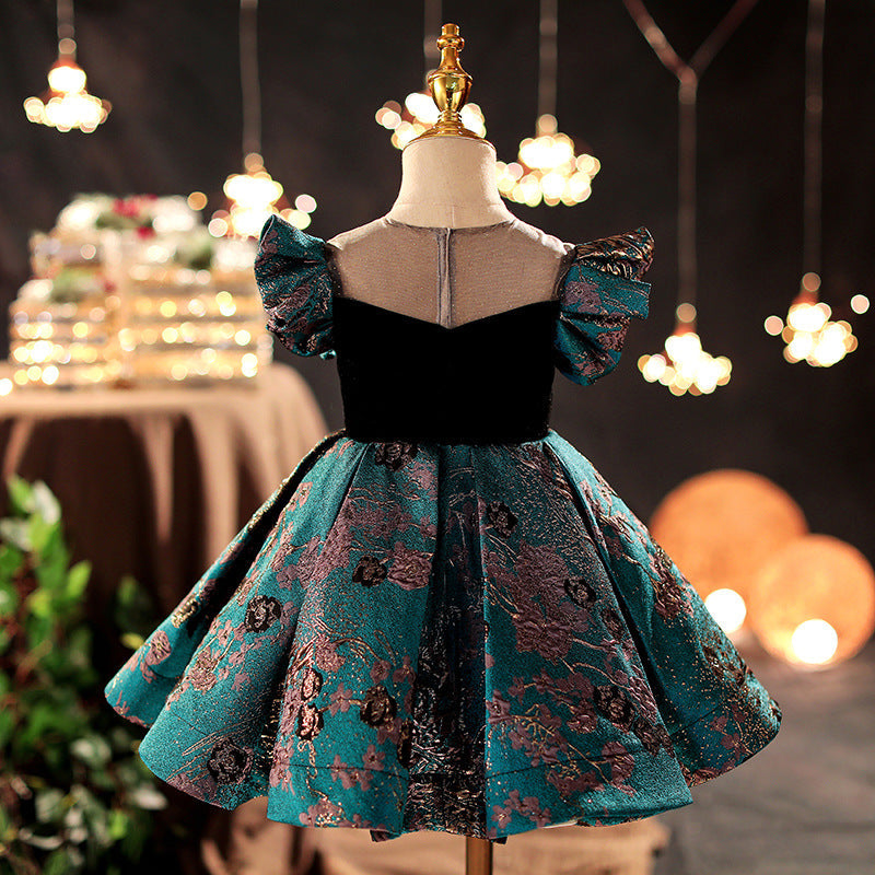 Green Satin Princess Flower Girl Dress with Beaded Ruffles