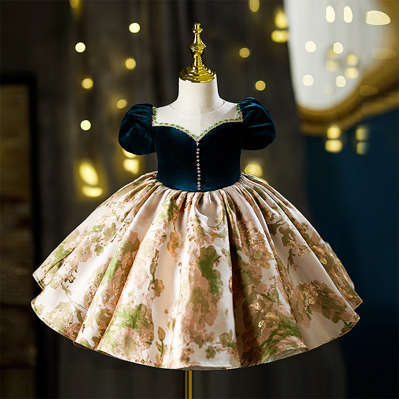 Green Satin Velvet A-Line Flower Girl Dress Beaded Ruffle