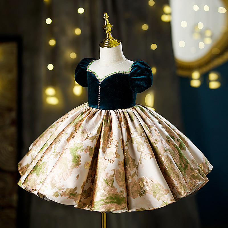 Green Satin Velvet A-Line Flower Girl Dress Beaded Ruffle