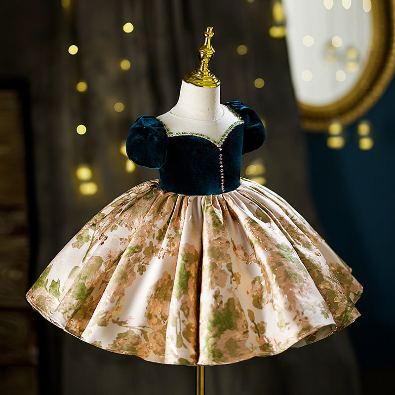Green Satin Velvet A-Line Flower Girl Dress Beaded Ruffle