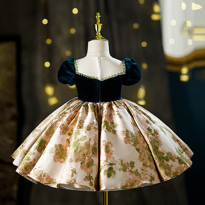 Green Satin Velvet A-Line Flower Girl Dress Beaded Ruffle