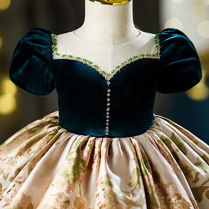 Green Satin Velvet A-Line Flower Girl Dress Beaded Ruffle