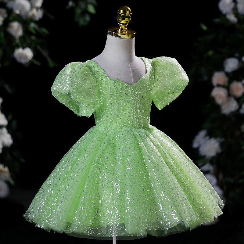 Green Sequin A-Line Flower Girl Dress with Puff Sleeves