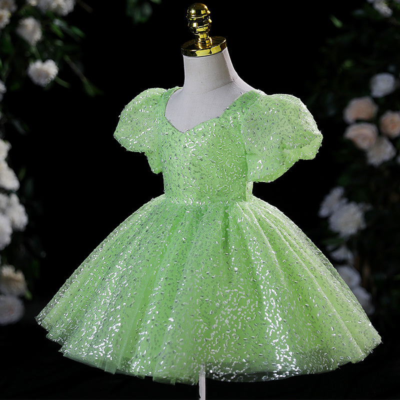 Green Sequin A-Line Flower Girl Dress with Puff Sleeves