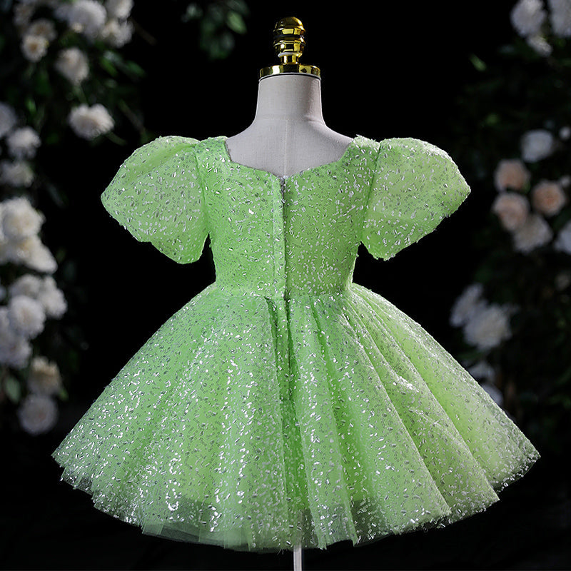 Green Sequin A-Line Flower Girl Dress with Puff Sleeves