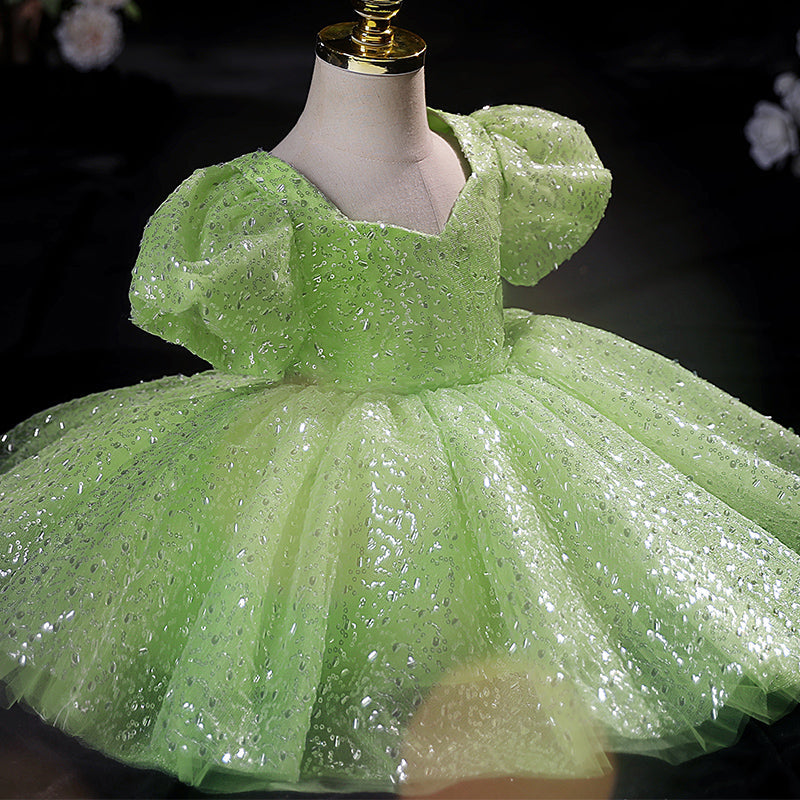 Green Sequin A-Line Flower Girl Dress with Puff Sleeves