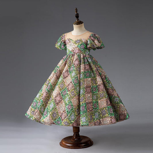 Green Sequin Flower Girl Dress: Floor Length Puff Sleeve