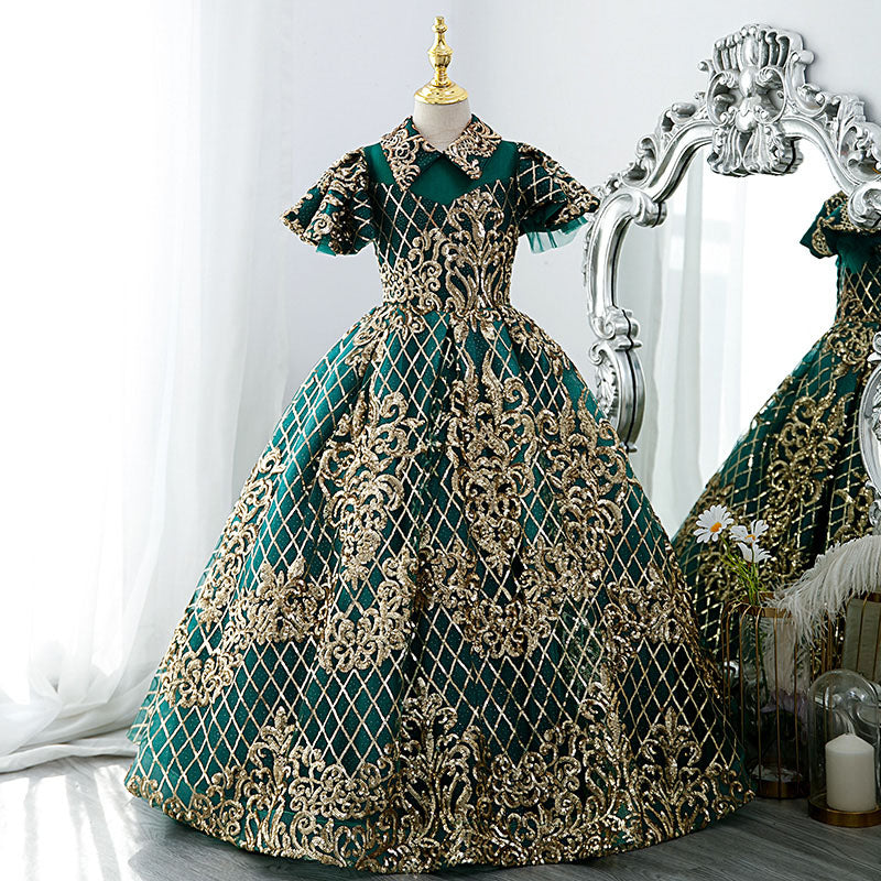 Green Sequin Princess Flower Girl Dress | Collared Neck