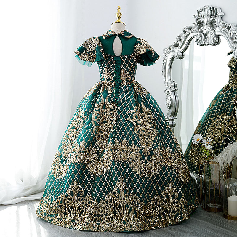 Green Sequin Princess Flower Girl Dress | Collared Neck