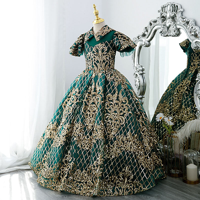 Green Sequin Princess Flower Girl Dress | Collared Neck