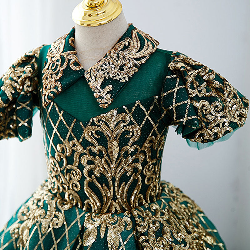Green Sequin Princess Flower Girl Dress | Collared Neck