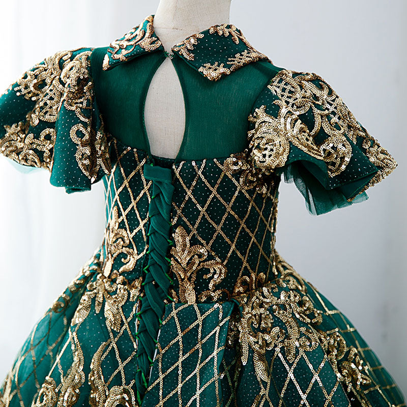 Green Sequin Princess Flower Girl Dress | Collared Neck