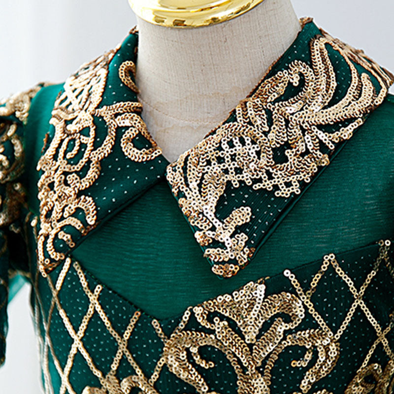 Green Sequin Princess Flower Girl Dress | Collared Neck