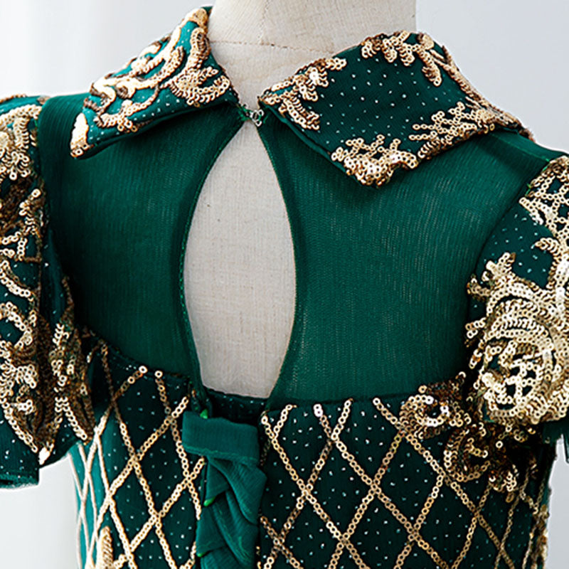 Green Sequin Princess Flower Girl Dress | Collared Neck