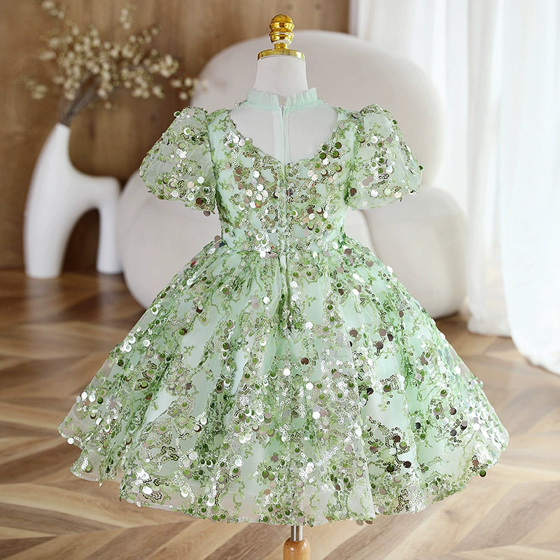 Green Sequined Ball Gown V-Neck Dress for Girls | Holiday & Party Dress