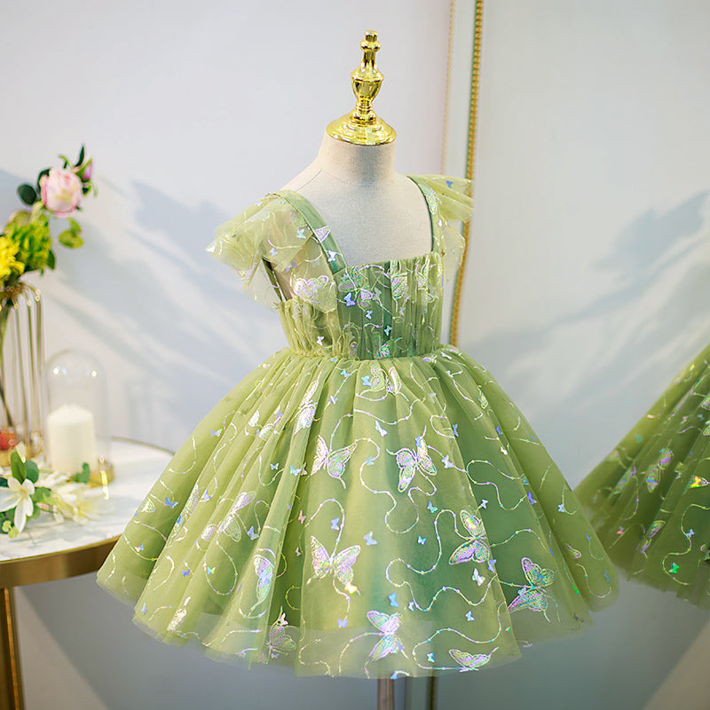 Green Sequined Tulle Tea-Length Flower Girl Dress