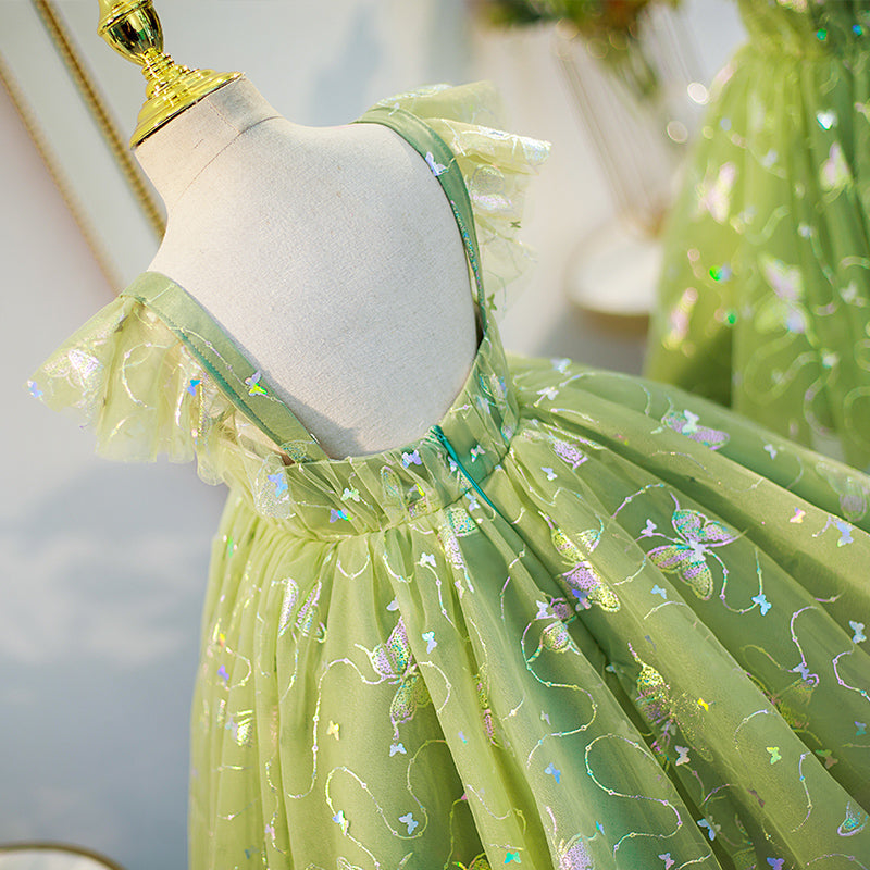 Green Sequined Tulle Tea-Length Flower Girl Dress
