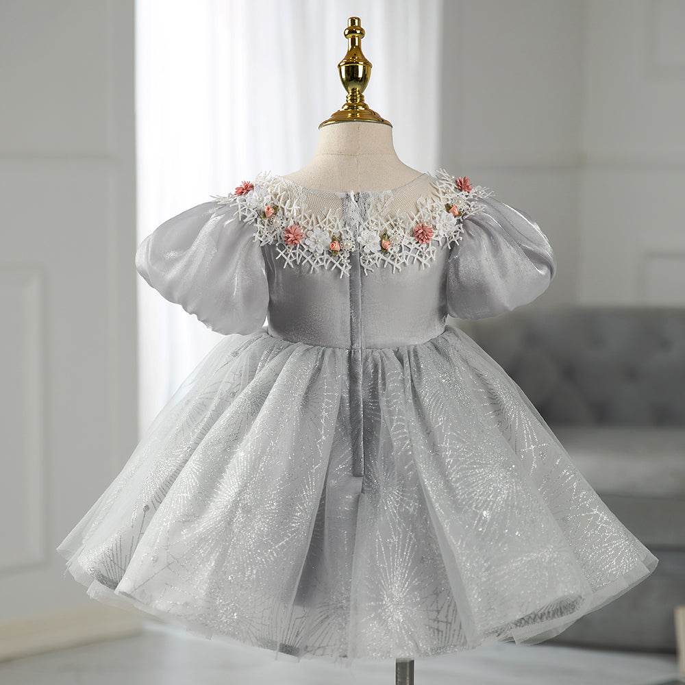 Grey Princess Tea-Length Flower Girl Dress with Beaded Flowers