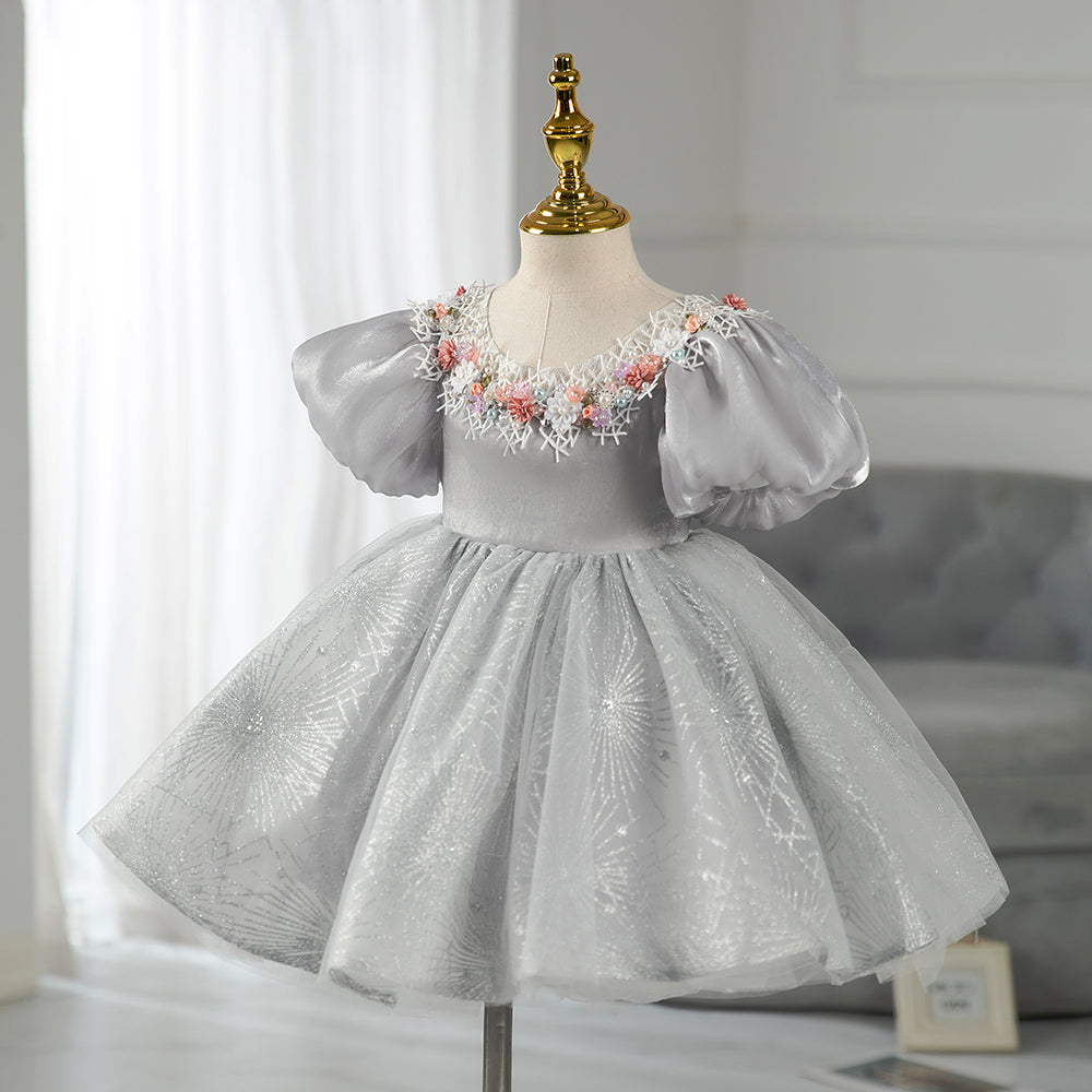 Grey Princess Tea-Length Flower Girl Dress with Beaded Flowers