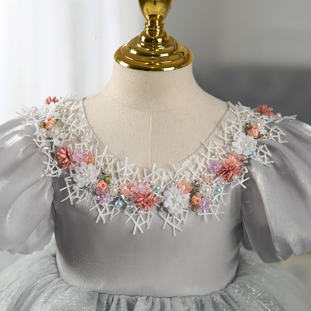 Grey Princess Tea-Length Flower Girl Dress with Beaded Flowers