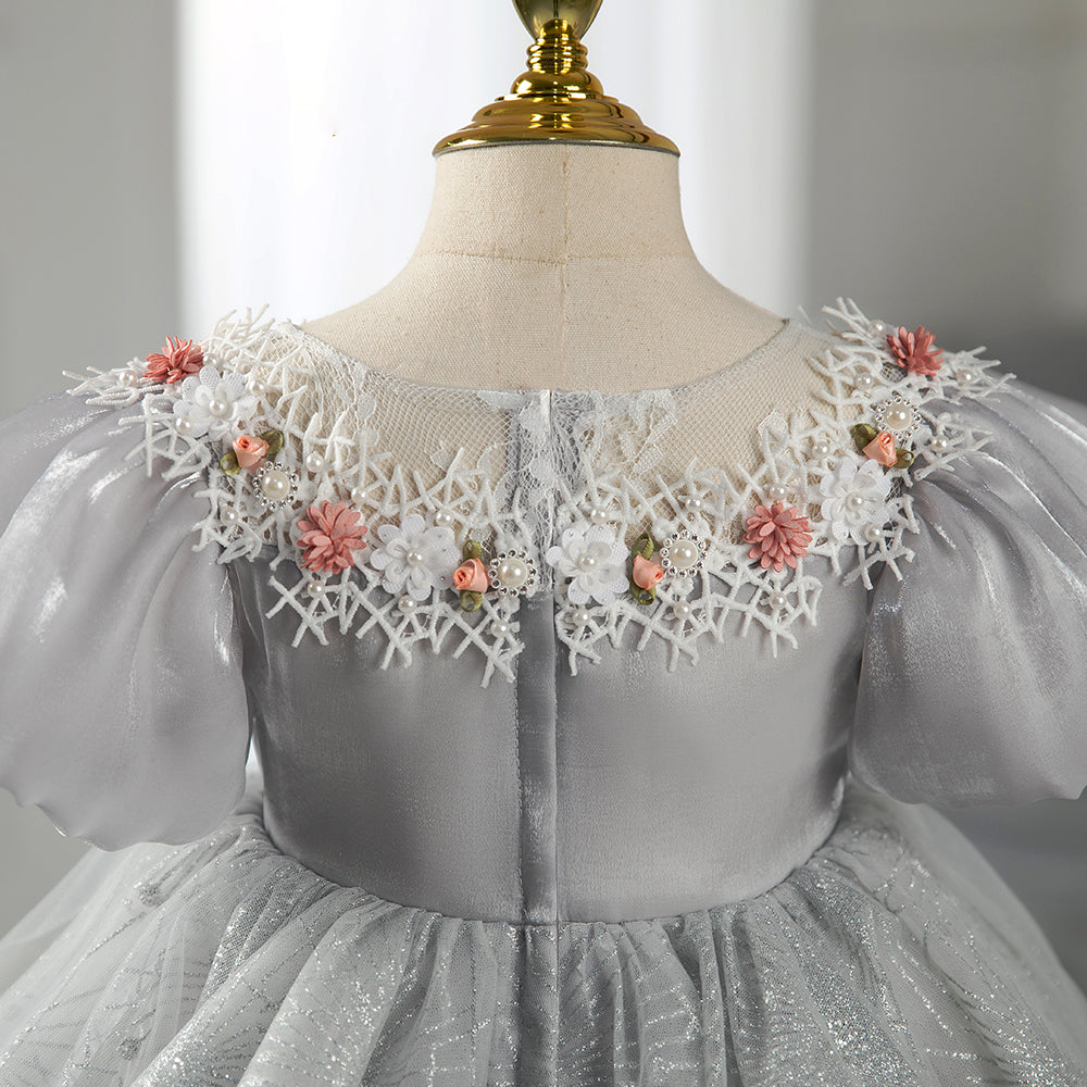 Grey Princess Tea-Length Flower Girl Dress with Beaded Flowers