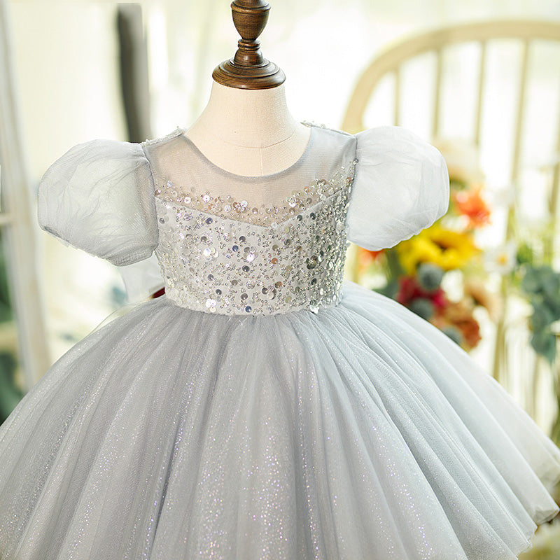 Grey Sequin Princess Flower Girl Dress Round Neck Puff Knee