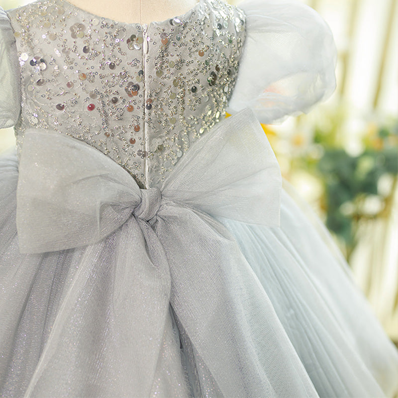 Grey Sequin Princess Flower Girl Dress Round Neck Puff Knee