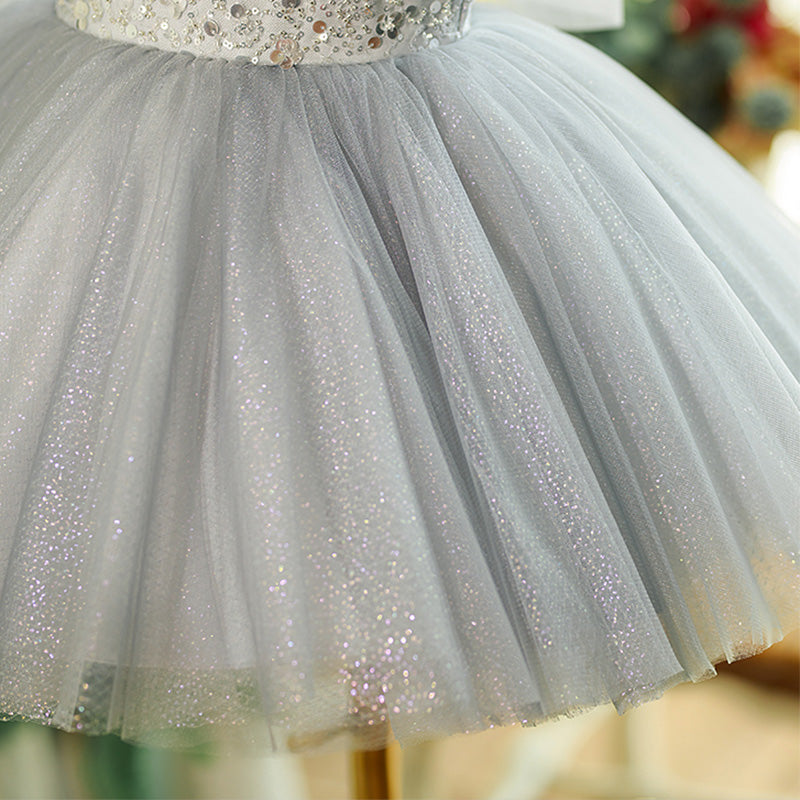 Grey Sequin Princess Flower Girl Dress Round Neck Puff Knee