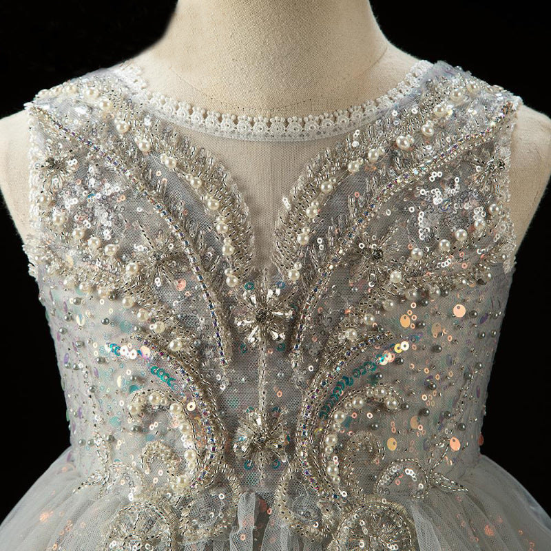Grey Sequined Sleeveless Ball Gown for Girls – Special Occasion Princess Dress