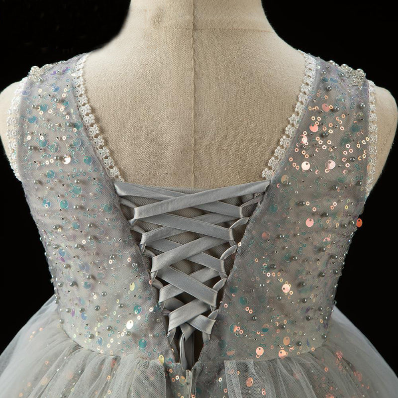 Grey Sequined Sleeveless Ball Gown for Girls – Special Occasion Princess Dress