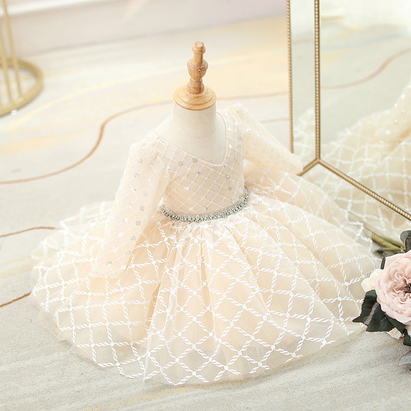 Ivory A-line Tea-Length Flower Girl Dress with Sequins and Ruffles