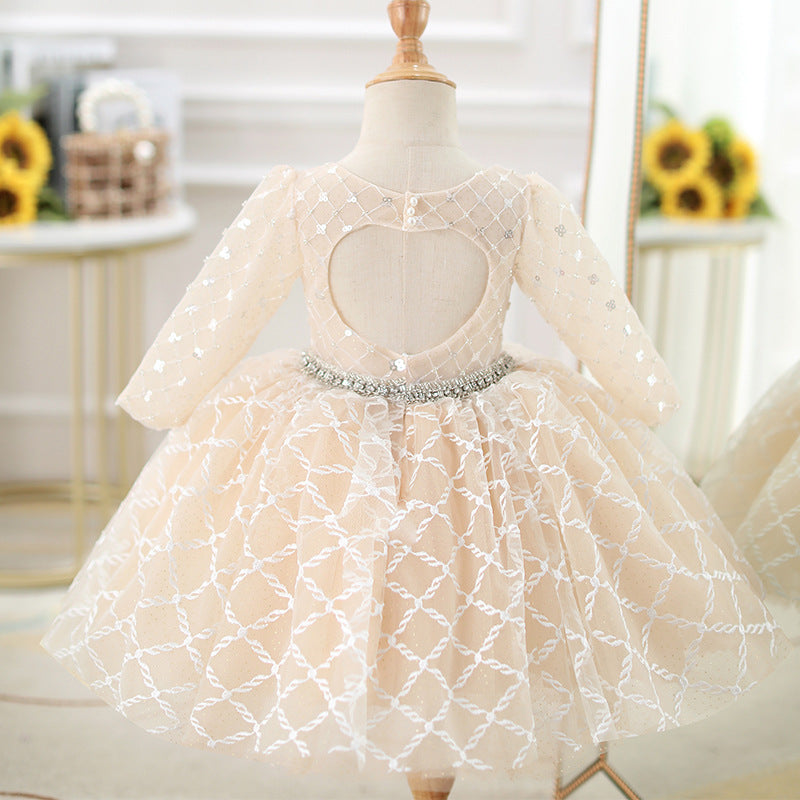 Ivory A-line Tea-Length Flower Girl Dress with Sequins and Ruffles