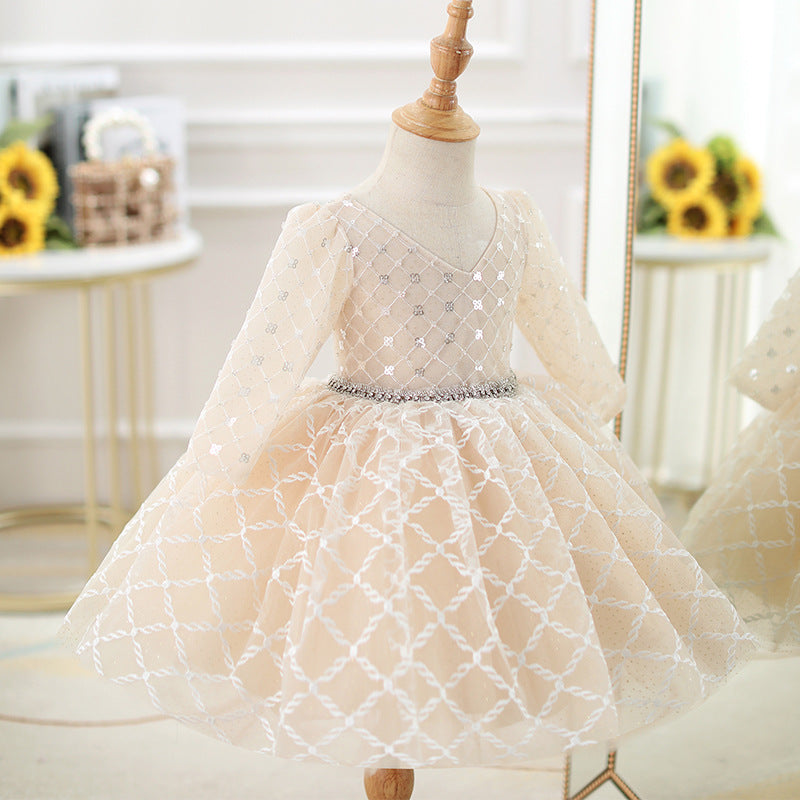 Ivory A-line Tea-Length Flower Girl Dress with Sequins and Ruffles